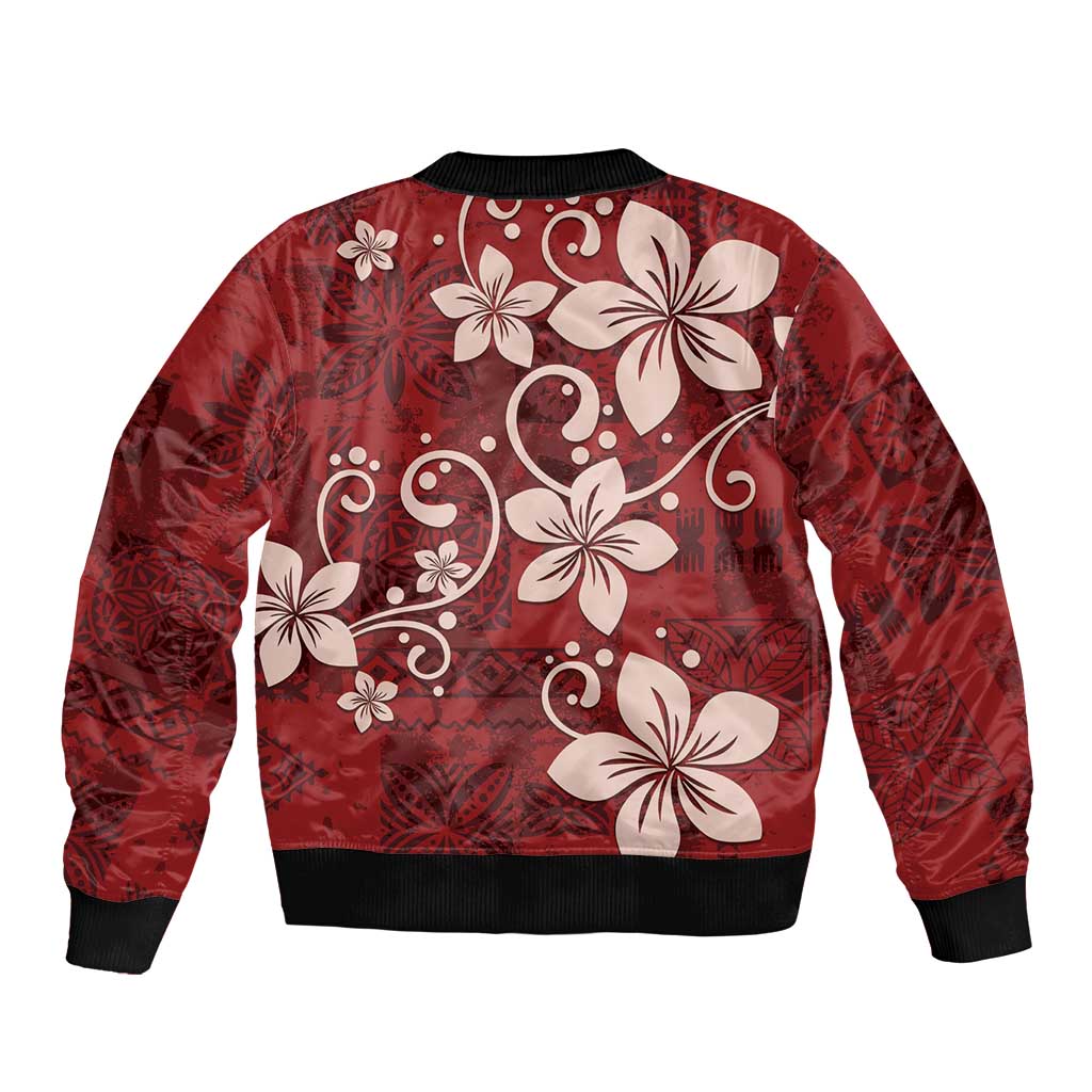 Plumeria Floral Tapa Pattern Oxblood Red Sleeve Zip Bomber Jacket