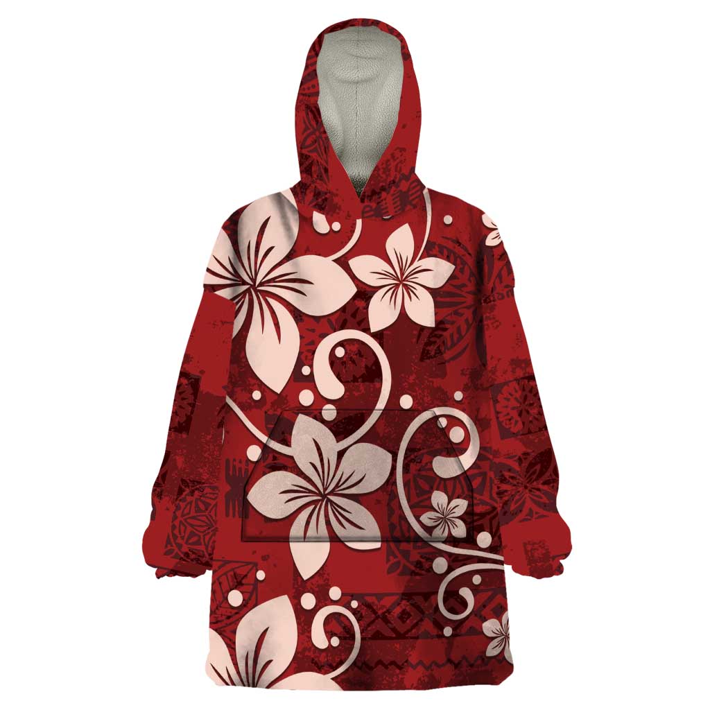 Plumeria Floral Tapa Pattern Oxblood Red Wearable Blanket Hoodie LT01 One Size Red - Polynesian Pride