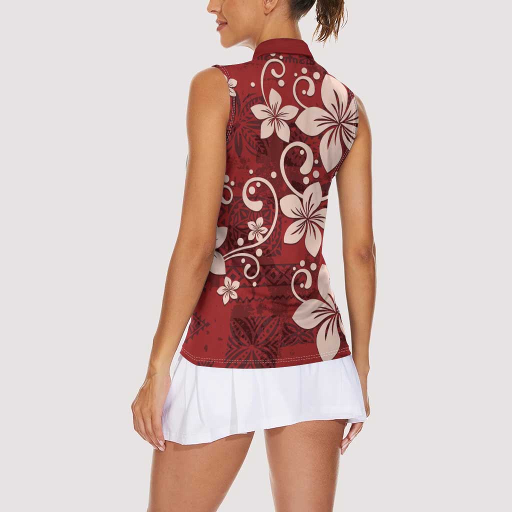 Plumeria Floral Tapa Pattern Oxblood Red Women Sleeveless Polo Shirt