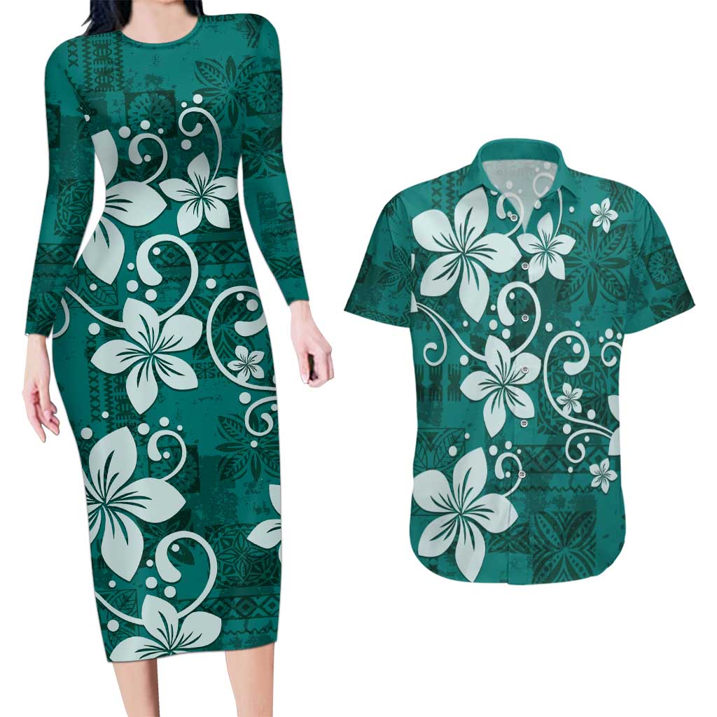 Plumeria Floral Tapa Pattern Crystal Teal Couples Matching Long Sleeve Bodycon Dress and Hawaiian Shirt LT01 Teal - Polynesian Pride
