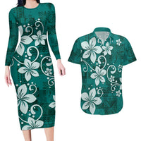 Plumeria Floral Tapa Pattern Crystal Teal Couples Matching Long Sleeve Bodycon Dress and Hawaiian Shirt LT01 Teal - Polynesian Pride