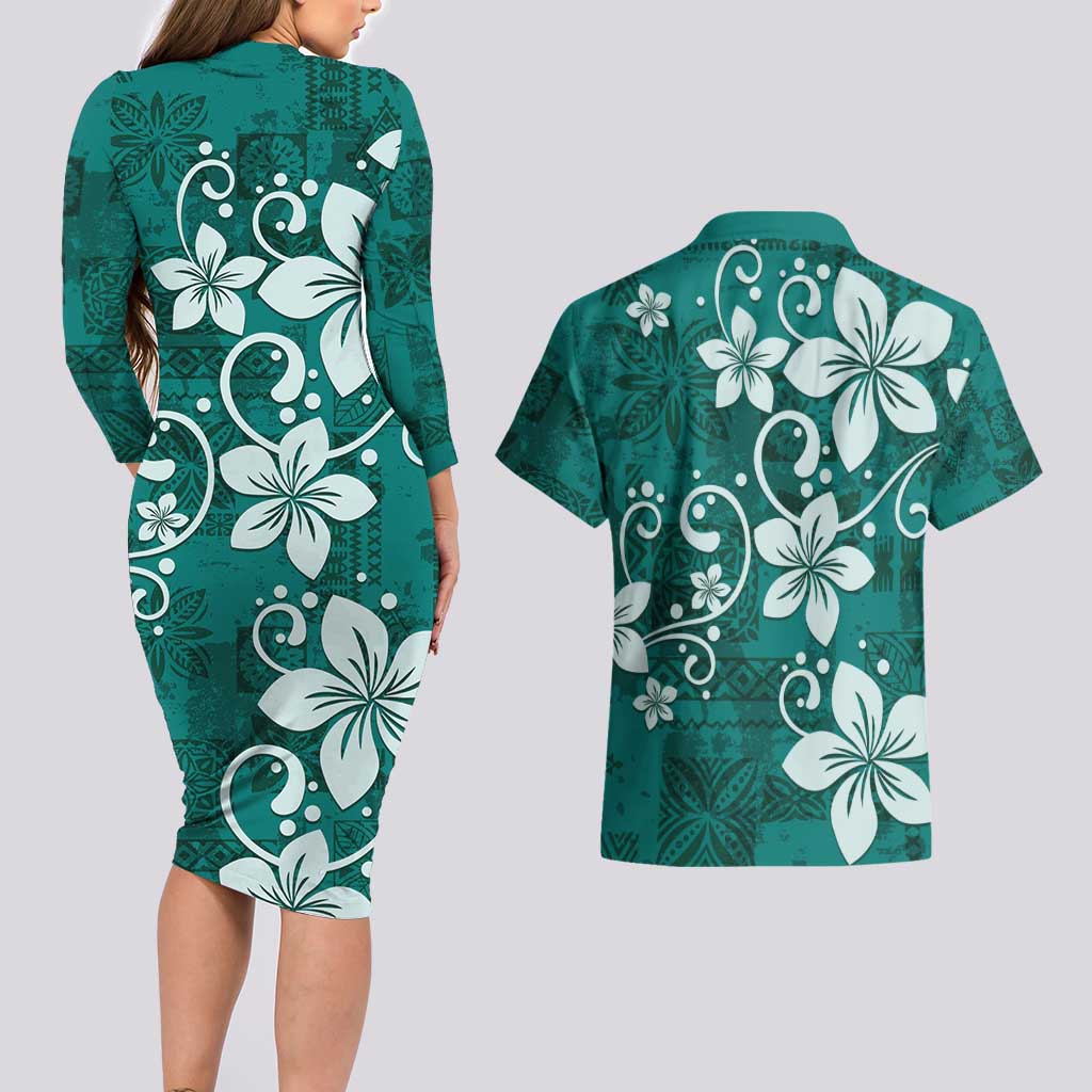 Plumeria Floral Tapa Pattern Crystal Teal Couples Matching Long Sleeve Bodycon Dress and Hawaiian Shirt LT01 - Polynesian Pride