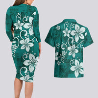 Plumeria Floral Tapa Pattern Crystal Teal Couples Matching Long Sleeve Bodycon Dress and Hawaiian Shirt LT01 - Polynesian Pride