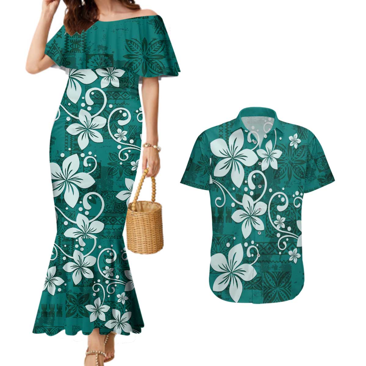 Plumeria Floral Tapa Pattern Crystal Teal Couples Matching Mermaid Dress and Hawaiian Shirt LT01 Teal - Polynesian Pride