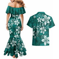 Plumeria Floral Tapa Pattern Crystal Teal Couples Matching Mermaid Dress and Hawaiian Shirt LT01 - Polynesian Pride