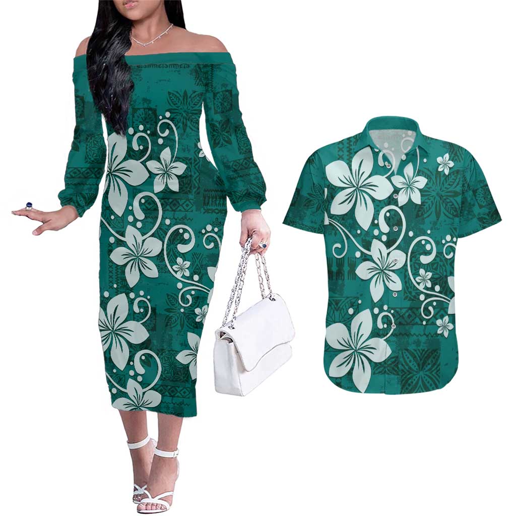 Plumeria Floral Tapa Pattern Crystal Teal Couples Matching Off The Shoulder Long Sleeve Dress and Hawaiian Shirt LT01 Teal - Polynesian Pride