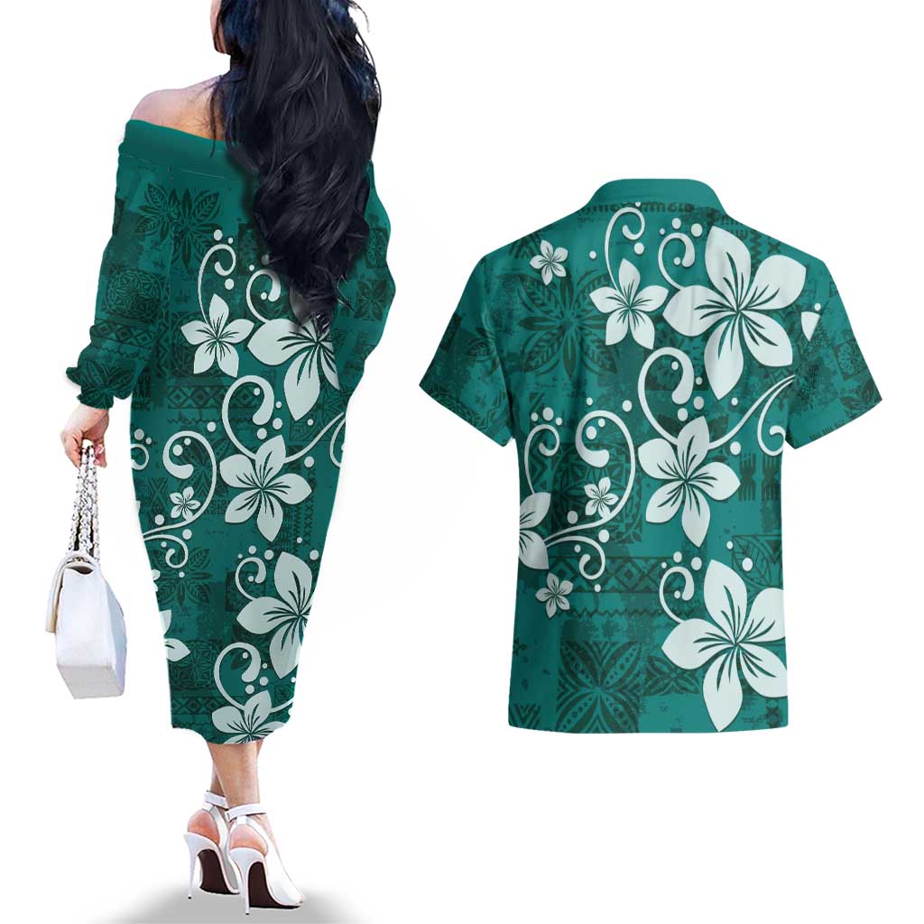 Plumeria Floral Tapa Pattern Crystal Teal Couples Matching Off The Shoulder Long Sleeve Dress and Hawaiian Shirt LT01 - Polynesian Pride
