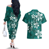 Plumeria Floral Tapa Pattern Crystal Teal Couples Matching Off The Shoulder Long Sleeve Dress and Hawaiian Shirt LT01 - Polynesian Pride