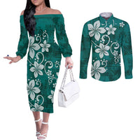 Plumeria Floral Tapa Pattern Crystal Teal Couples Matching Off The Shoulder Long Sleeve Dress and Long Sleeve Button Shirt LT01 Teal - Polynesian Pride