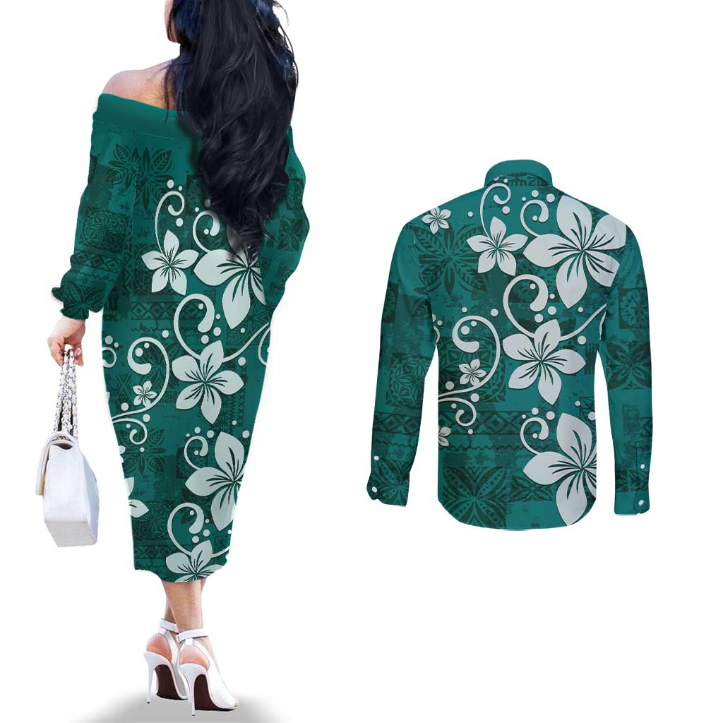 Plumeria Floral Tapa Pattern Crystal Teal Couples Matching Off The Shoulder Long Sleeve Dress and Long Sleeve Button Shirt LT01 - Polynesian Pride