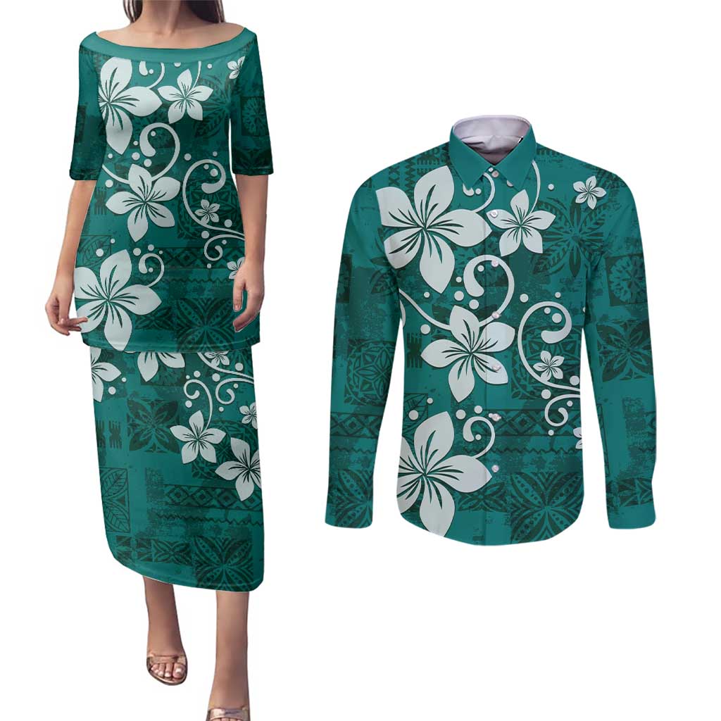 Plumeria Floral Tapa Pattern Crystal Teal Couples Matching Puletasi and Long Sleeve Button Shirt LT01 Teal - Polynesian Pride