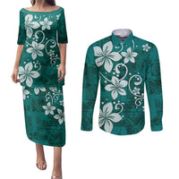 Plumeria Floral Tapa Pattern Crystal Teal Couples Matching Puletasi and Long Sleeve Button Shirt LT01 Teal - Polynesian Pride