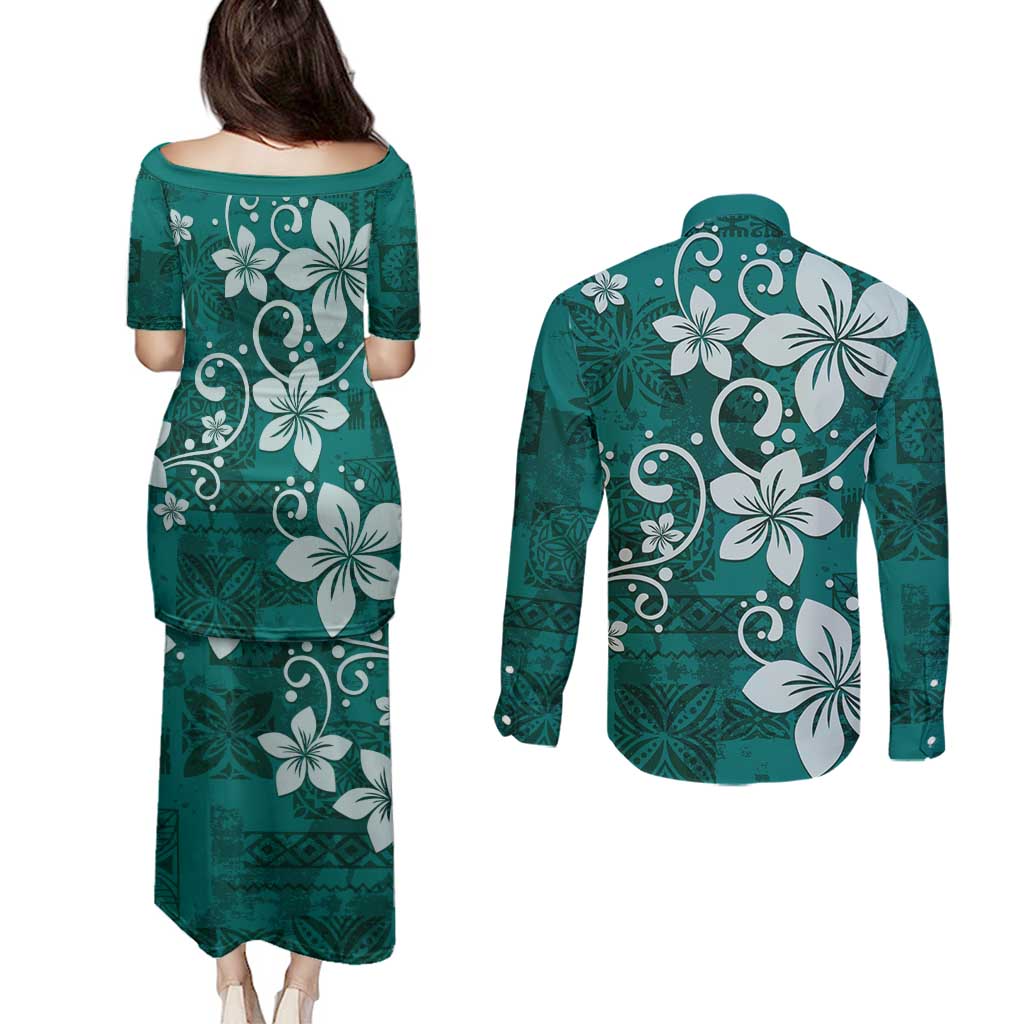 Plumeria Floral Tapa Pattern Crystal Teal Couples Matching Puletasi and Long Sleeve Button Shirt LT01 - Polynesian Pride