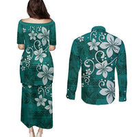 Plumeria Floral Tapa Pattern Crystal Teal Couples Matching Puletasi and Long Sleeve Button Shirt LT01 - Polynesian Pride