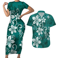 Plumeria Floral Tapa Pattern Crystal Teal Couples Matching Short Sleeve Bodycon Dress and Hawaiian Shirt LT01 Teal - Polynesian Pride