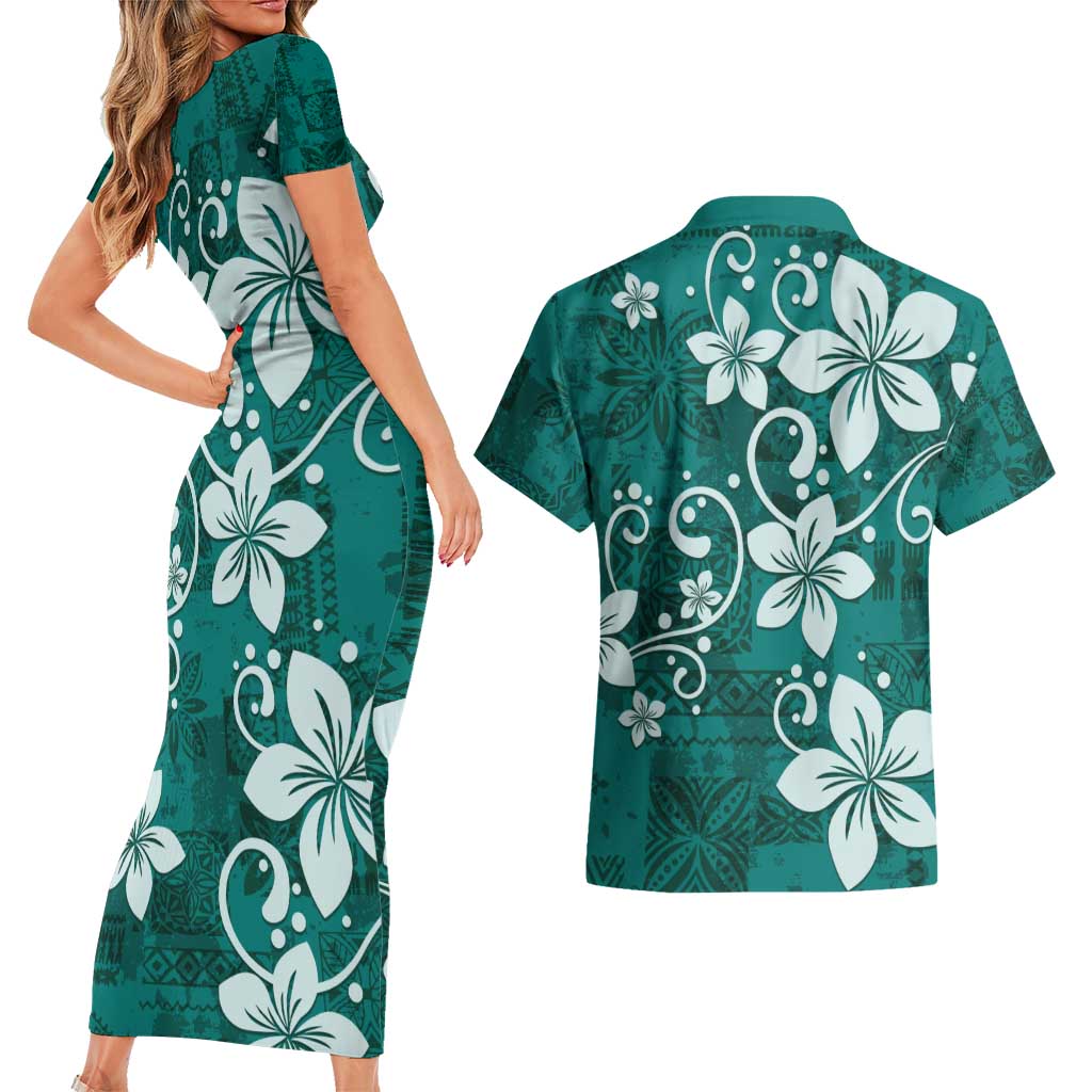 Plumeria Floral Tapa Pattern Crystal Teal Couples Matching Short Sleeve Bodycon Dress and Hawaiian Shirt LT01 - Polynesian Pride