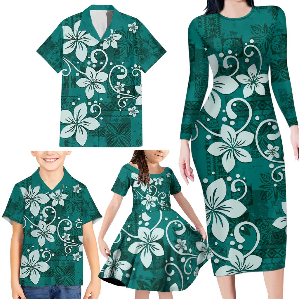 Plumeria Floral Tapa Pattern Crystal Teal Family Matching Long Sleeve Bodycon Dress and Hawaiian Shirt LT01 - Polynesian Pride