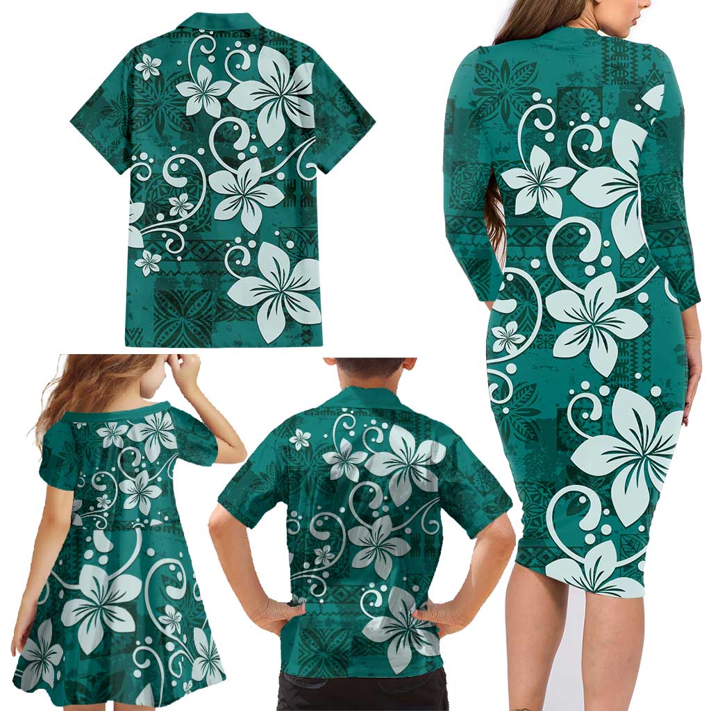 Plumeria Floral Tapa Pattern Crystal Teal Family Matching Long Sleeve Bodycon Dress and Hawaiian Shirt LT01 - Polynesian Pride