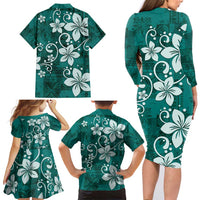 Plumeria Floral Tapa Pattern Crystal Teal Family Matching Long Sleeve Bodycon Dress and Hawaiian Shirt LT01 - Polynesian Pride