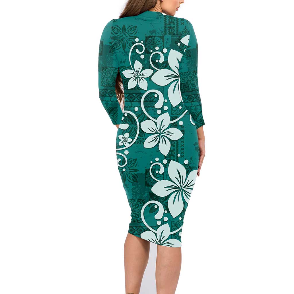 Plumeria Floral Tapa Pattern Crystal Teal Family Matching Long Sleeve Bodycon Dress and Hawaiian Shirt LT01 - Polynesian Pride