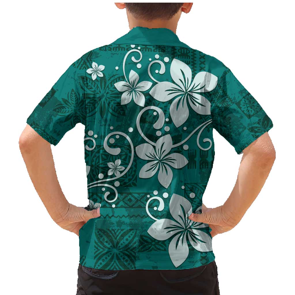 Plumeria Floral Tapa Pattern Crystal Teal Family Matching Mermaid Dress and Hawaiian Shirt LT01 - Polynesian Pride