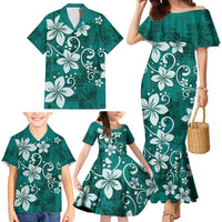 Plumeria Floral Tapa Pattern Crystal Teal Family Matching Mermaid Dress and Hawaiian Shirt LT01 - Polynesian Pride