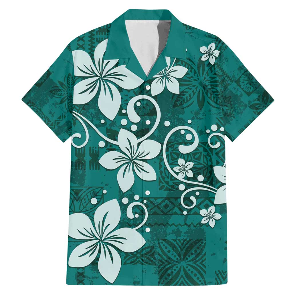 Plumeria Floral Tapa Pattern Crystal Teal Family Matching Mermaid Dress and Hawaiian Shirt LT01 Dad's Shirt - Short Sleeve Teal - Polynesian Pride