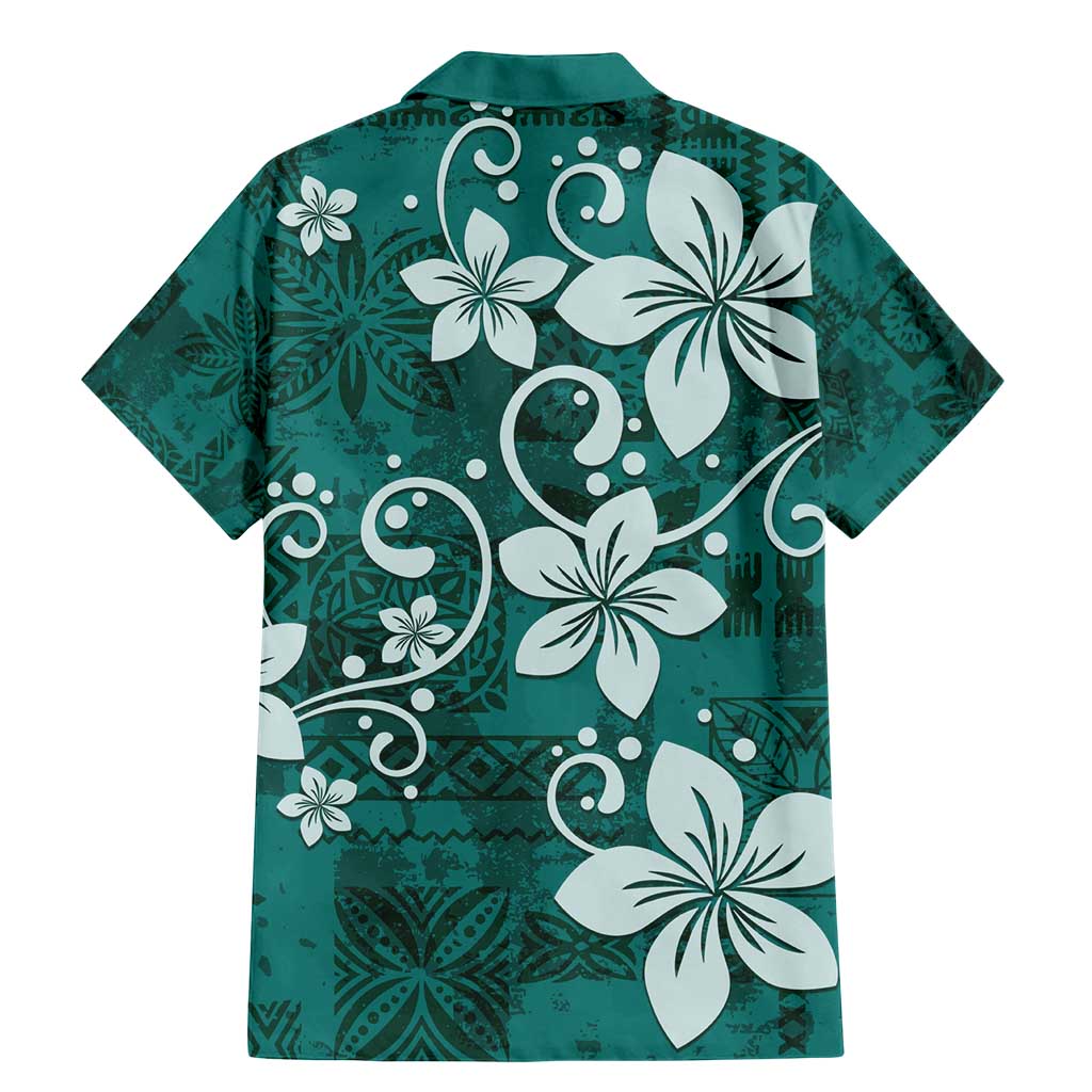 Plumeria Floral Tapa Pattern Crystal Teal Family Matching Mermaid Dress and Hawaiian Shirt LT01 - Polynesian Pride