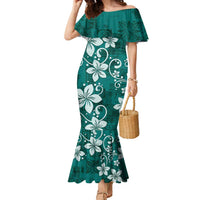 Plumeria Floral Tapa Pattern Crystal Teal Family Matching Mermaid Dress and Hawaiian Shirt LT01 Mom's Dress Teal - Polynesian Pride