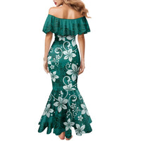 Plumeria Floral Tapa Pattern Crystal Teal Family Matching Mermaid Dress and Hawaiian Shirt LT01 - Polynesian Pride