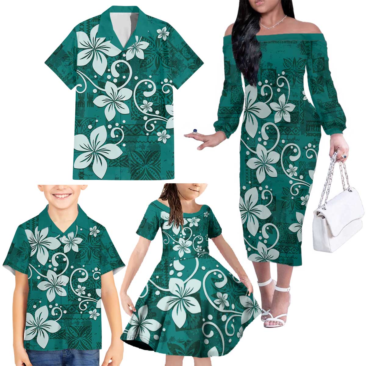 Plumeria Floral Tapa Pattern Crystal Teal Family Matching Off The Shoulder Long Sleeve Dress and Hawaiian Shirt LT01 - Polynesian Pride
