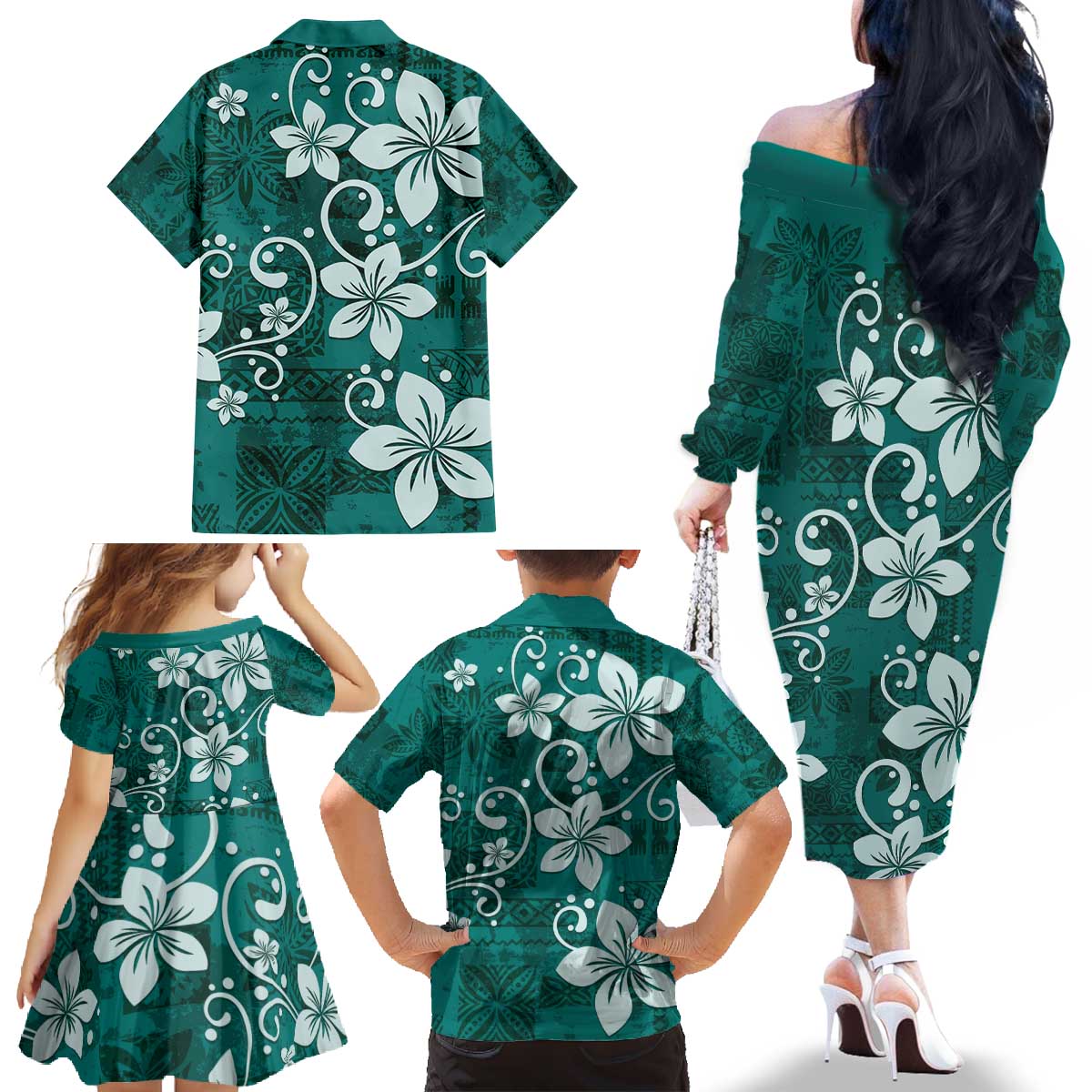 Plumeria Floral Tapa Pattern Crystal Teal Family Matching Off The Shoulder Long Sleeve Dress and Hawaiian Shirt LT01 - Polynesian Pride