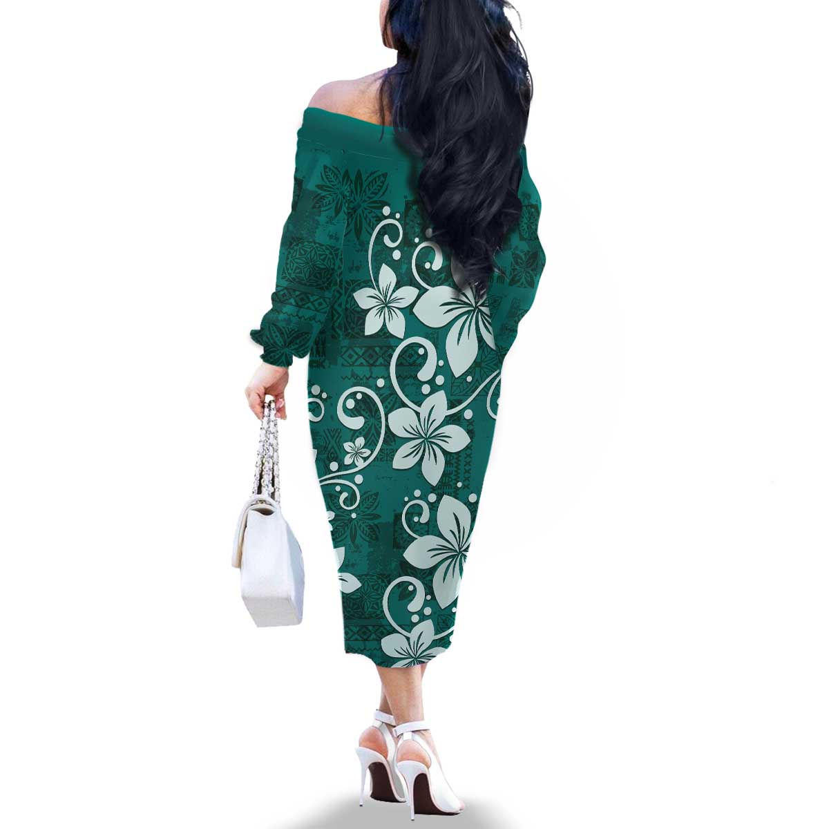 Plumeria Floral Tapa Pattern Crystal Teal Family Matching Off The Shoulder Long Sleeve Dress and Hawaiian Shirt LT01 - Polynesian Pride