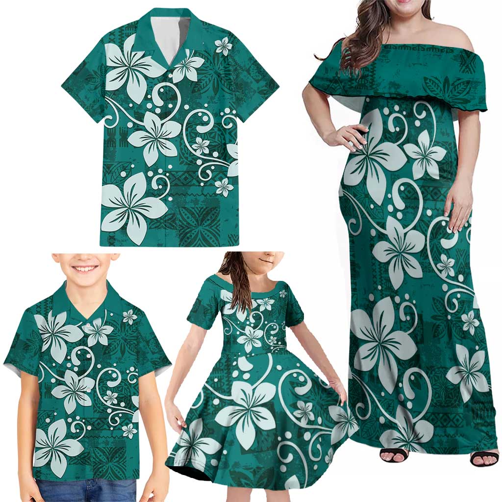 Plumeria Floral Tapa Pattern Crystal Teal Family Matching Off Shoulder Maxi Dress and Hawaiian Shirt LT01 - Polynesian Pride