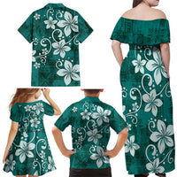 Plumeria Floral Tapa Pattern Crystal Teal Family Matching Off Shoulder Maxi Dress and Hawaiian Shirt LT01 - Polynesian Pride