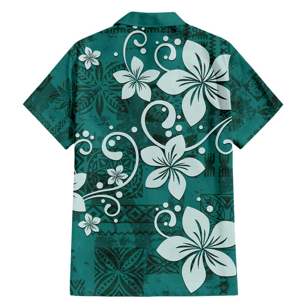 Plumeria Floral Tapa Pattern Crystal Teal Family Matching Off Shoulder Maxi Dress and Hawaiian Shirt LT01 - Polynesian Pride