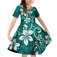 Plumeria Floral Tapa Pattern Crystal Teal Family Matching Off Shoulder Short Dress and Hawaiian Shirt LT01 Daughter's Dress Teal - Polynesian Pride