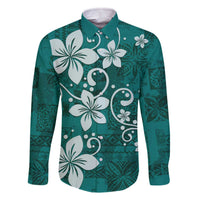 Plumeria Floral Tapa Pattern Crystal Teal Family Matching Off Shoulder Short Dress and Hawaiian Shirt LT01 Dad's Shirt - Long Sleeve Teal - Polynesian Pride