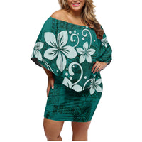Plumeria Floral Tapa Pattern Crystal Teal Family Matching Off Shoulder Short Dress and Hawaiian Shirt LT01 Mom's Dress Teal - Polynesian Pride