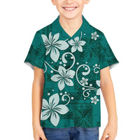 Plumeria Floral Tapa Pattern Crystal Teal Family Matching Off Shoulder Short Dress and Hawaiian Shirt LT01 Son's Shirt Teal - Polynesian Pride