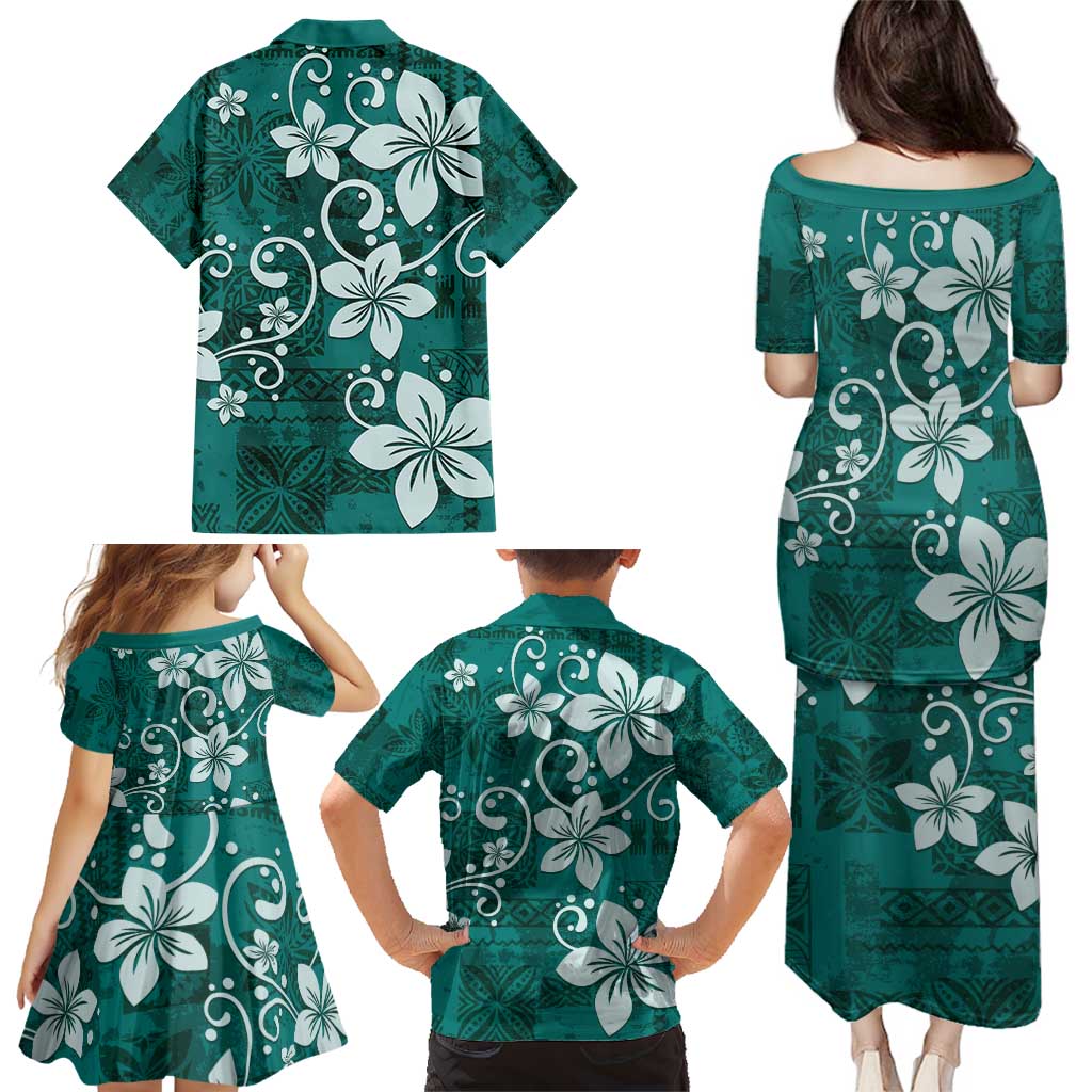 Plumeria Floral Tapa Pattern Crystal Teal Family Matching Puletasi and Hawaiian Shirt LT01 - Polynesian Pride