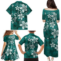 Plumeria Floral Tapa Pattern Crystal Teal Family Matching Puletasi and Hawaiian Shirt LT01 - Polynesian Pride