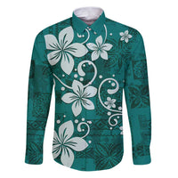 Plumeria Floral Tapa Pattern Crystal Teal Family Matching Puletasi and Hawaiian Shirt LT01 Dad's Shirt - Long Sleeve Teal - Polynesian Pride