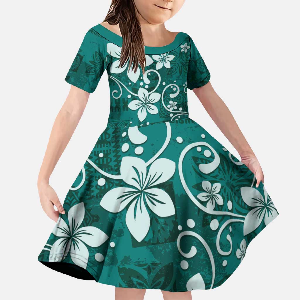 Plumeria Floral Tapa Pattern Crystal Teal Family Matching Summer Maxi Dress and Hawaiian Shirt LT01 Daughter's Dress Teal - Polynesian Pride