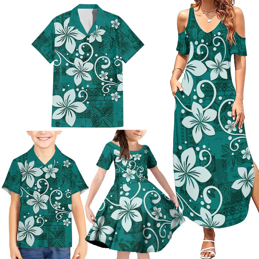 Plumeria Floral Tapa Pattern Crystal Teal Family Matching Summer Maxi Dress and Hawaiian Shirt LT01 - Polynesian Pride