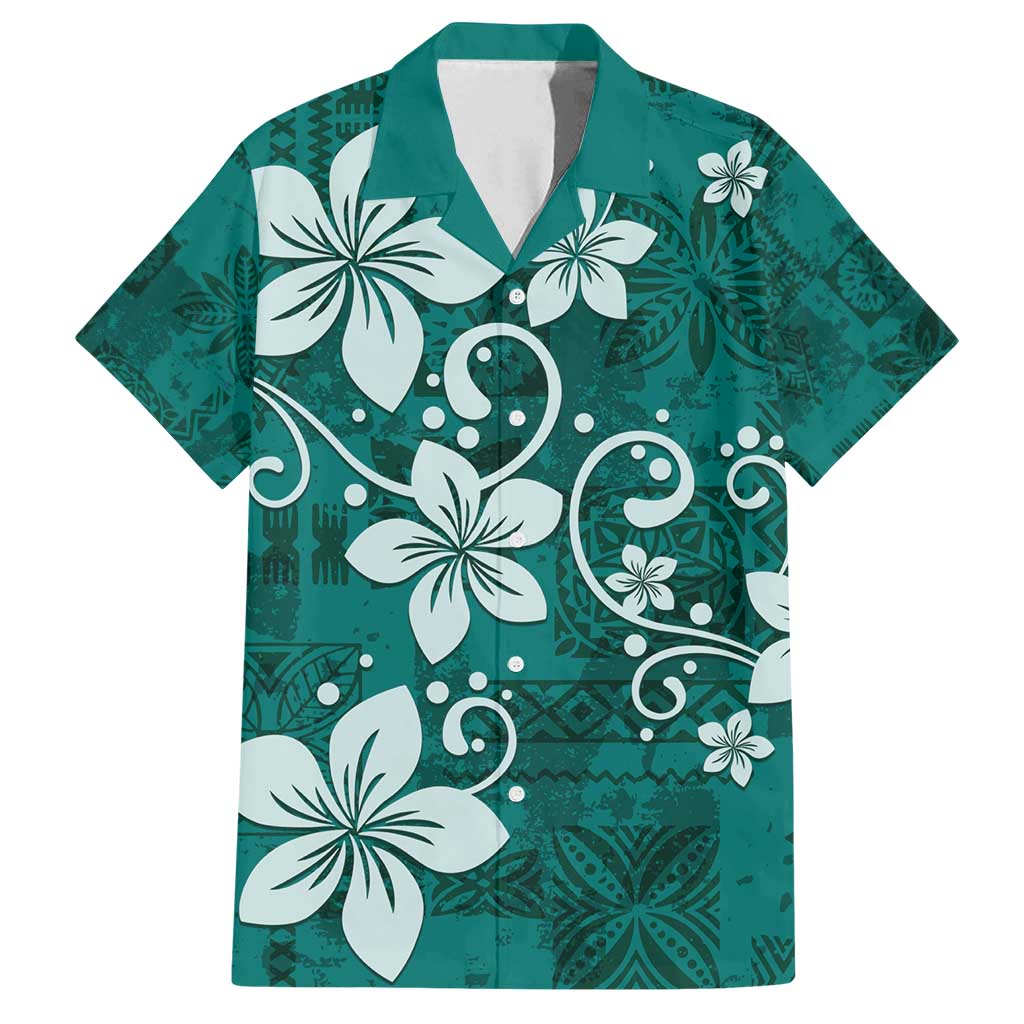 Plumeria Floral Tapa Pattern Crystal Teal Family Matching Summer Maxi Dress and Hawaiian Shirt LT01 Dad's Shirt - Short Sleeve Teal - Polynesian Pride