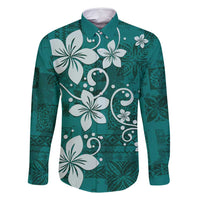 Plumeria Floral Tapa Pattern Crystal Teal Family Matching Summer Maxi Dress and Hawaiian Shirt LT01 Dad's Shirt - Long Sleeve Teal - Polynesian Pride