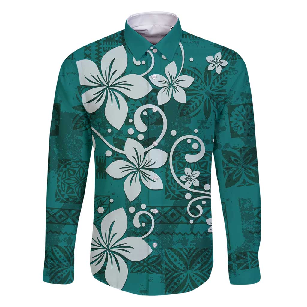 Plumeria Floral Tapa Pattern Crystal Teal Family Matching Tank Maxi Dress and Hawaiian Shirt LT01 Dad's Shirt - Long Sleeve Teal - Polynesian Pride