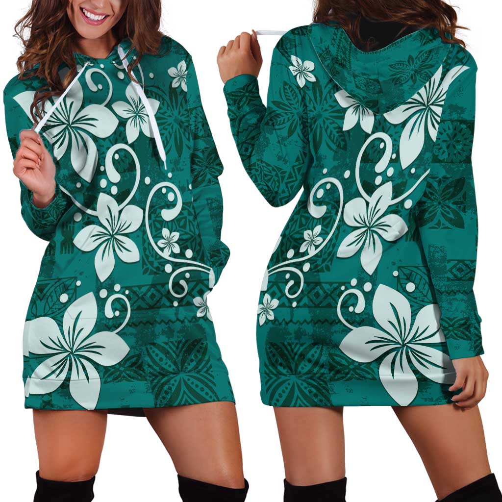 Plumeria Floral Tapa Pattern Crystal Teal Hoodie Dress LT01 - Polynesian Pride