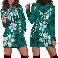 Plumeria Floral Tapa Pattern Crystal Teal Hoodie Dress LT01 - Polynesian Pride